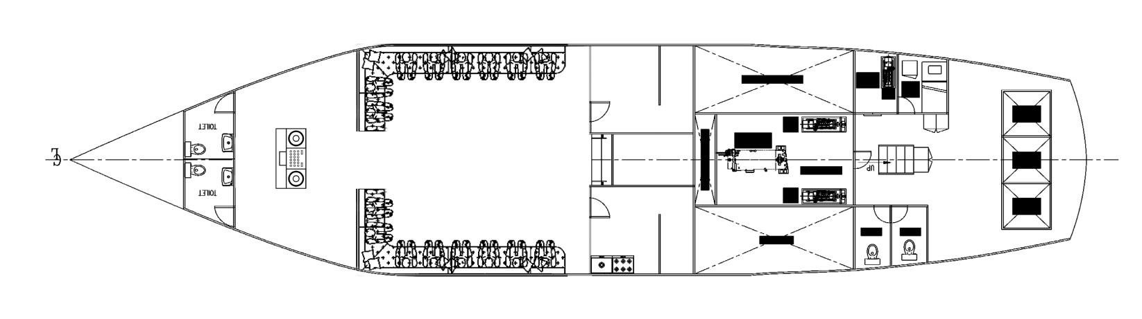 Lower deck layout diagram of The Shivanna yacht showing seating and toilets