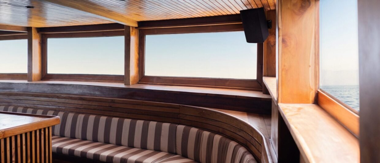 Timber lounge with striped banquette seating beside windows overlooking calm sea