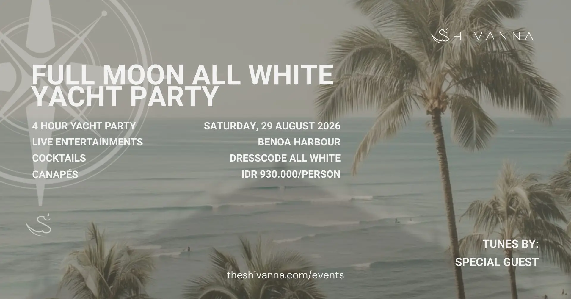 Full Moon All White Yacht Party poster — Saturday 29 August 2026, Benoa Harbour