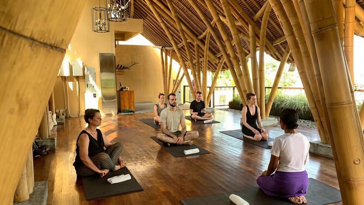 Group of People practicing yoga in a spacious bamboo studio with natural light